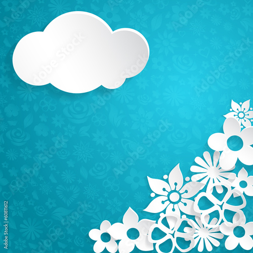 Background with paper flowers and cloud, white on blue