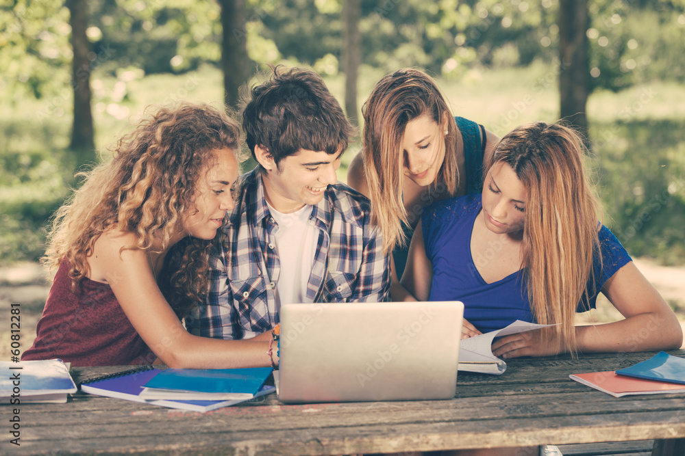 Group of Teenage Students at Park with Computer and Books Group of Teenage Students at Park with Computer and Books