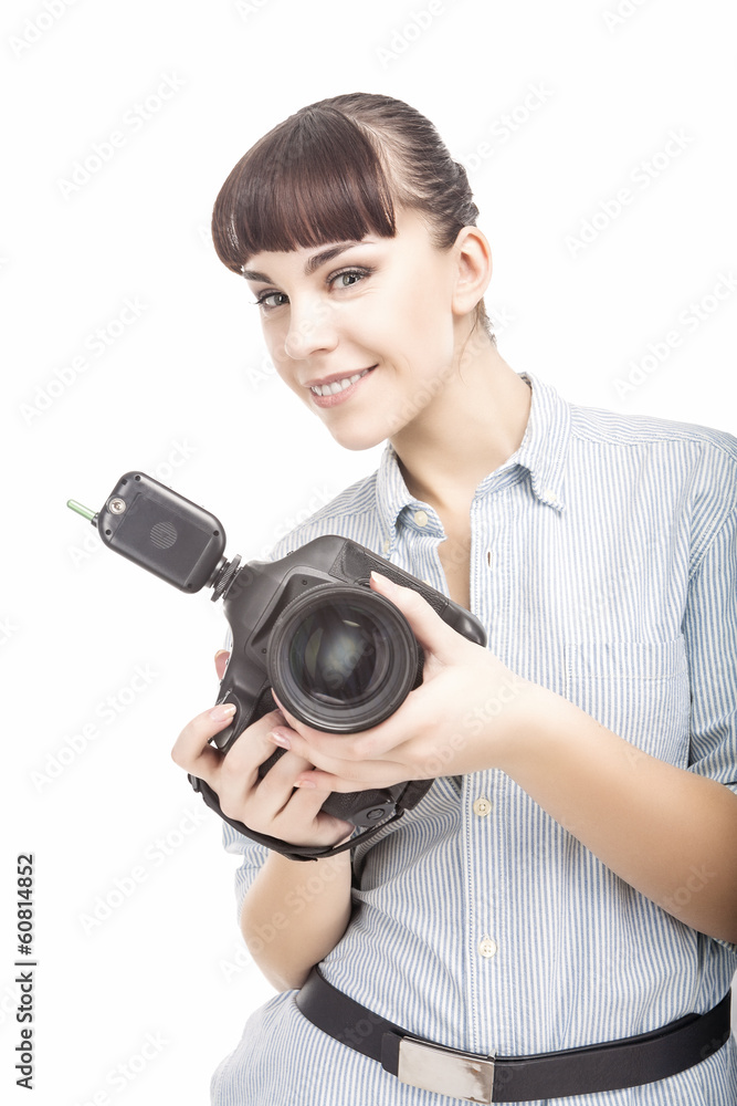 Female Photographer Holding a Camera and Smiling Female Photographer Holding a Camera and Smiling