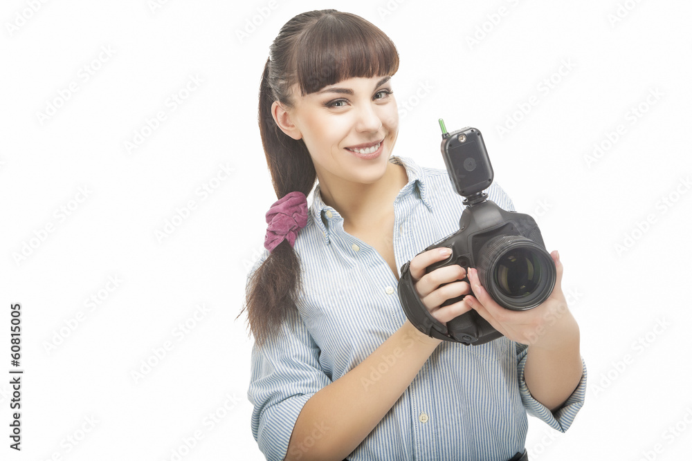 Portrait of Young Caucasian Woman Taking Images With Professiona