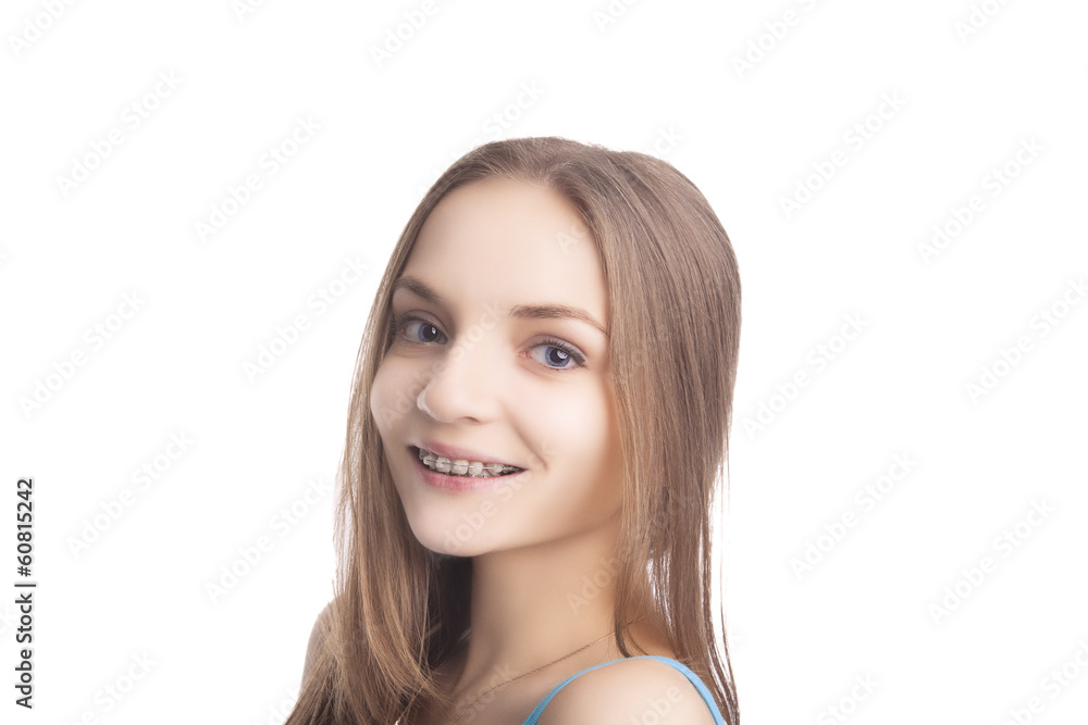 Portrait of Young Caucasian Girl Wearing Teeth Brackets Portrait of Young Caucasian Girl Wearing Teeth Brackets