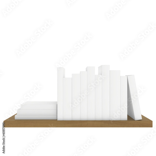 wooden shelf with white books