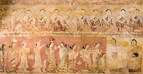 Ancient Burmese mural in Bagan temple, Myanmar