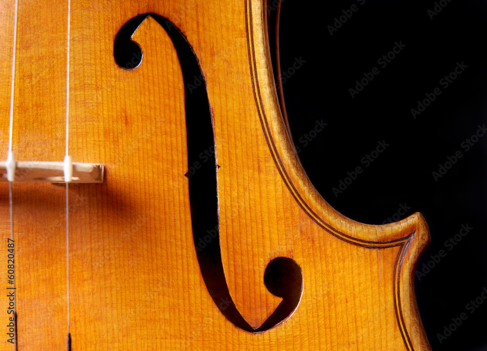 Violin music, closeup of violin f hole isolated on black Violin music, closeup of violin f hole isolated on black