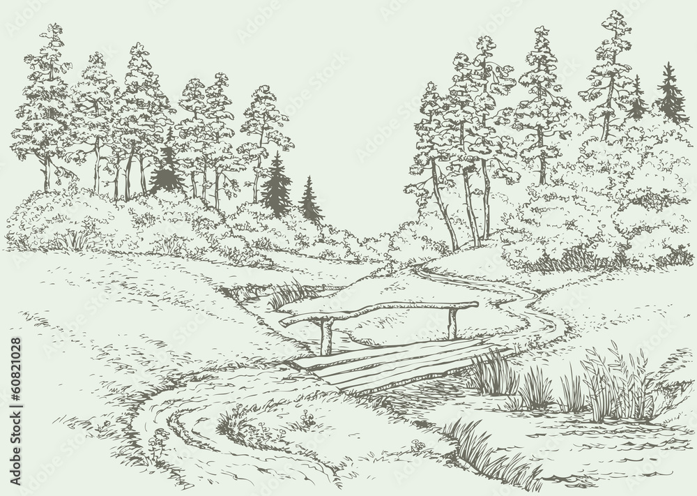 Naklejka premium Vector landscape. Wooden bridge over the forest creek