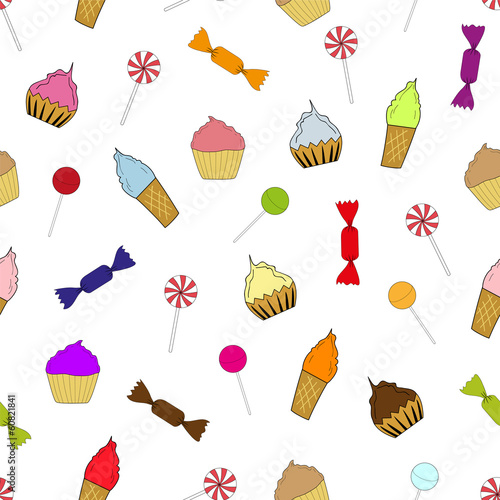 Seamless texture cupcakes, ice cream and candy