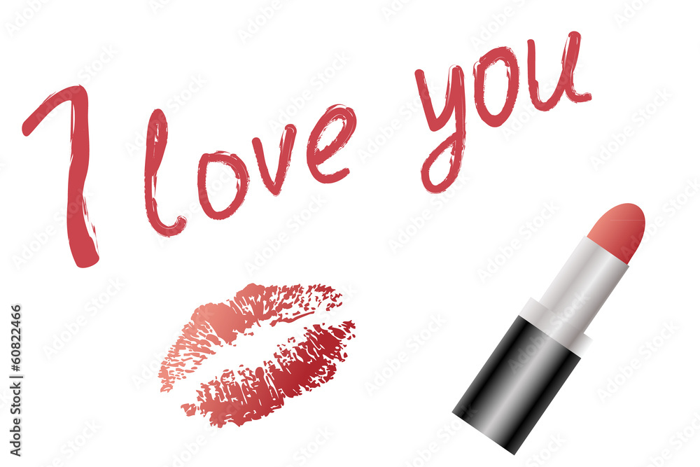 Love text and red lipstick and lip imprint Love text and red lipstick and lip imprint