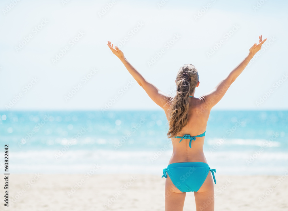 Portrait of smiling young woman rejoicing on beach. rear view Portrait of smiling young woman rejoicing on beach. rear view
