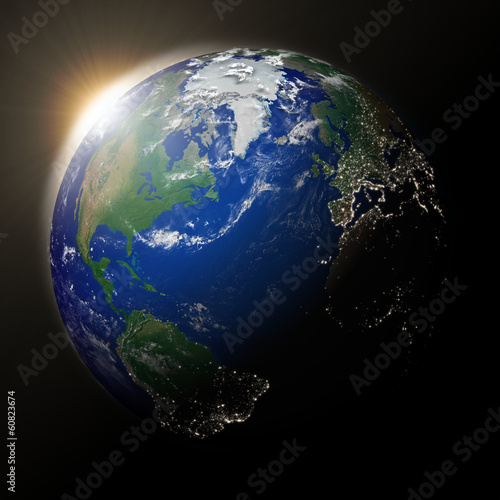 Fototapeta Naklejka Na Ścianę i Meble -  Sun over North America on planet Earth