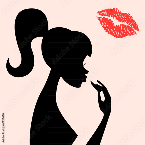 vector illustration of woman silhouette applying lipstick