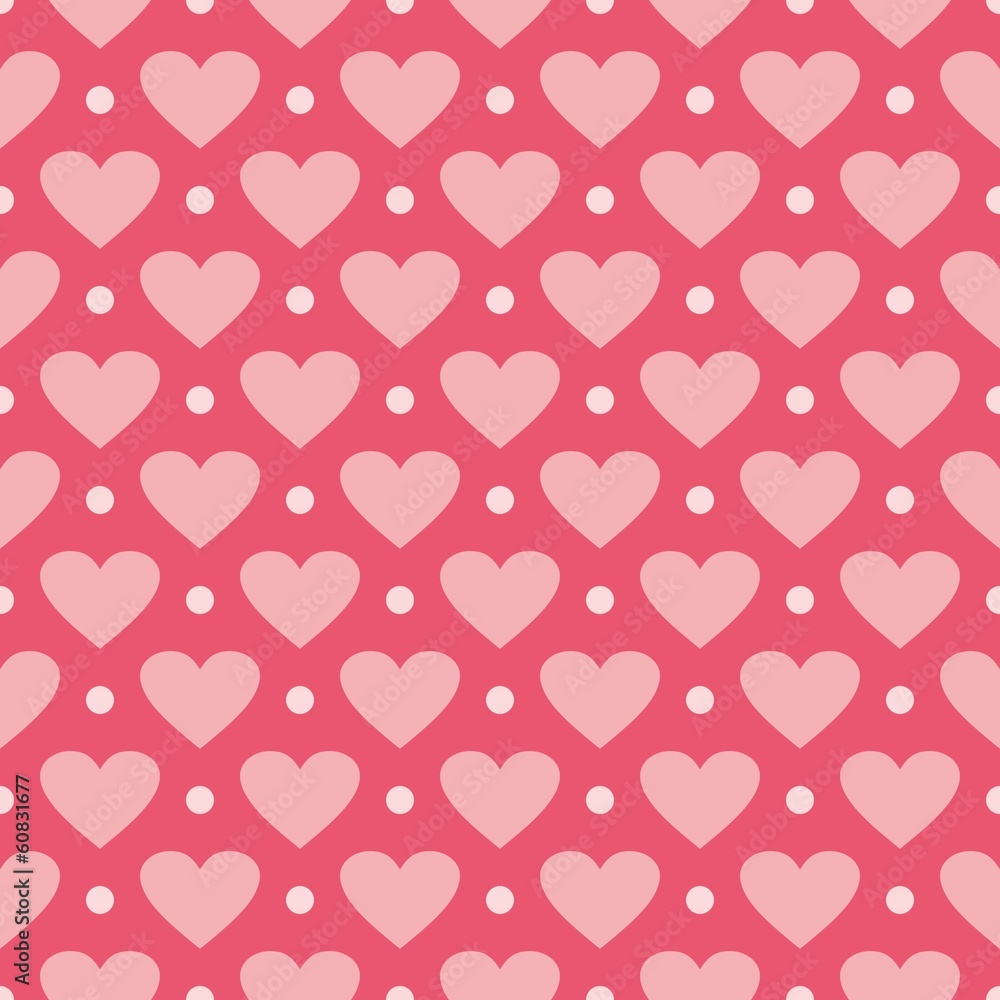 Pink vector seamless background with hearts and polka dots
