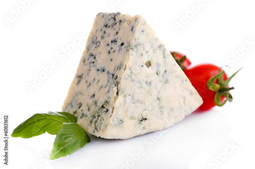 Tasty blue cheese with basil and tomato, isolated on white