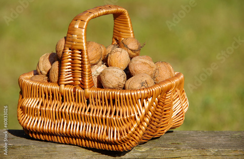 Walnuts in basket on green background