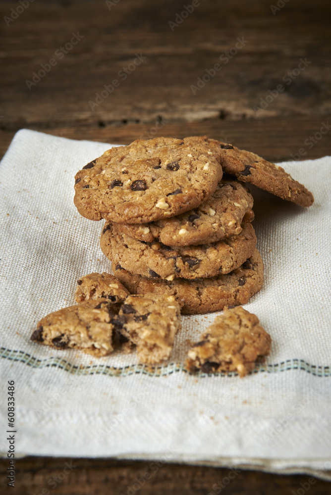 chocolate chip cookies on withe cheesecloth chocolate chip cookies on withe cheesecloth