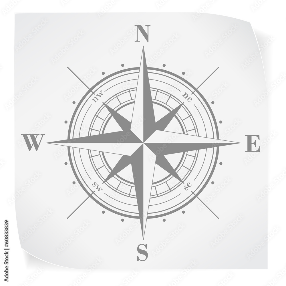 Compass rose over white paper sticker isolated on white Compass rose over white paper sticker isolated on white