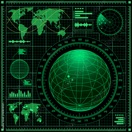Radar screen with world map