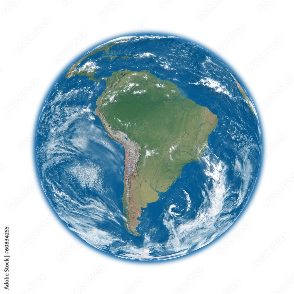 South America on blue Earth
