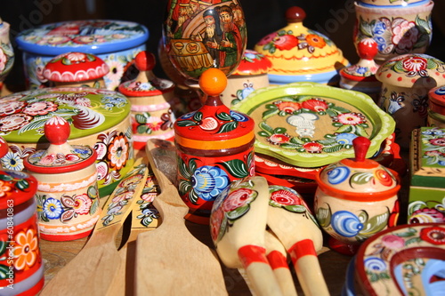Traditional Russian wooden painted souvenirs by Gorodets town