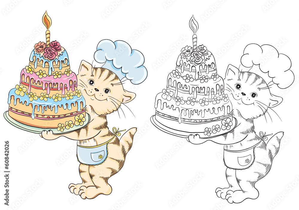 Coloring book with cartoon cat chef with birthday cake Stock Vector | Adobe  Stock