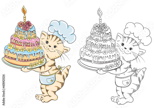 Coloring book with cartoon cat chef with birthday cake