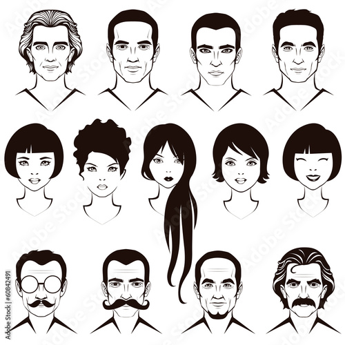 eye  lips and hair, face parts, head character, man and woman