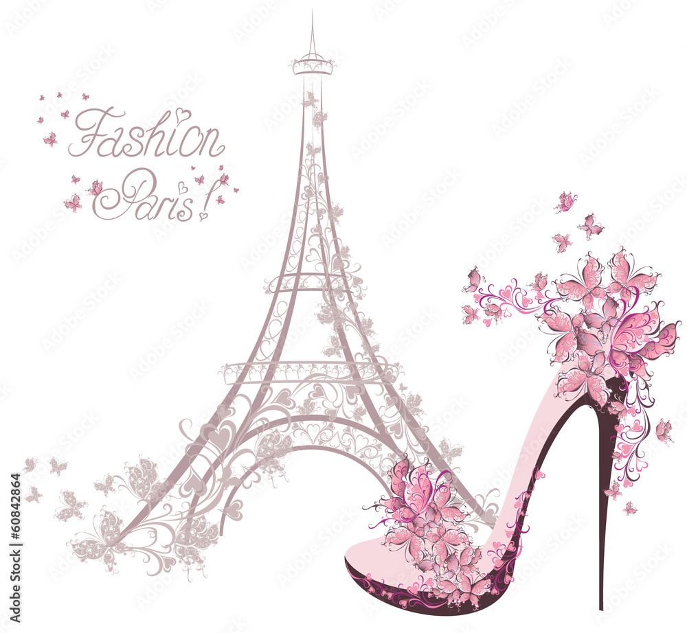 High-heeled shoes on background of Eiffel Tower. Paris Fashion Stock  Illustration | Adobe Stock