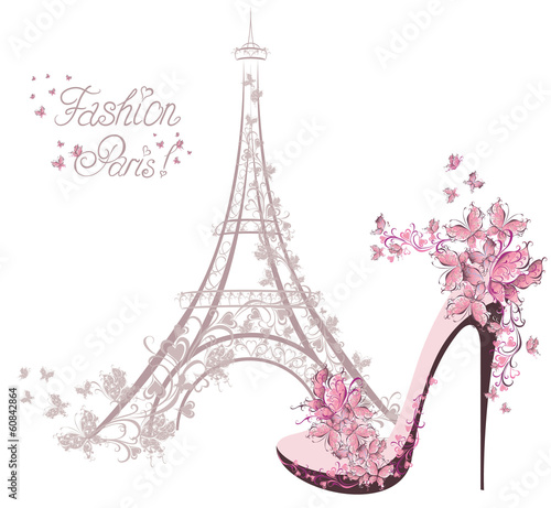 High-heeled shoes on background of Eiffel Tower. Paris Fashion