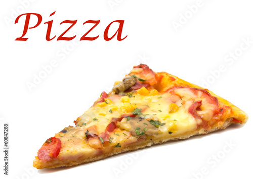 Cut off slice pizza isolated on white background