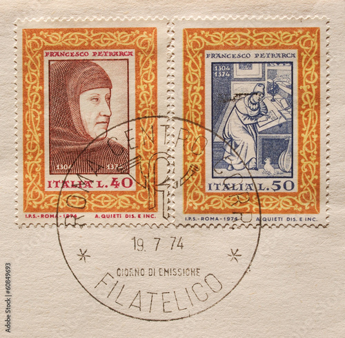 Italian mail stamps bearing the portrait of Petrarch photo