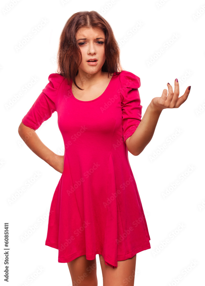 angry dissatisfied young woman haired girl in red dress emotion angry dissatisfied young woman haired girl in red dress emotion