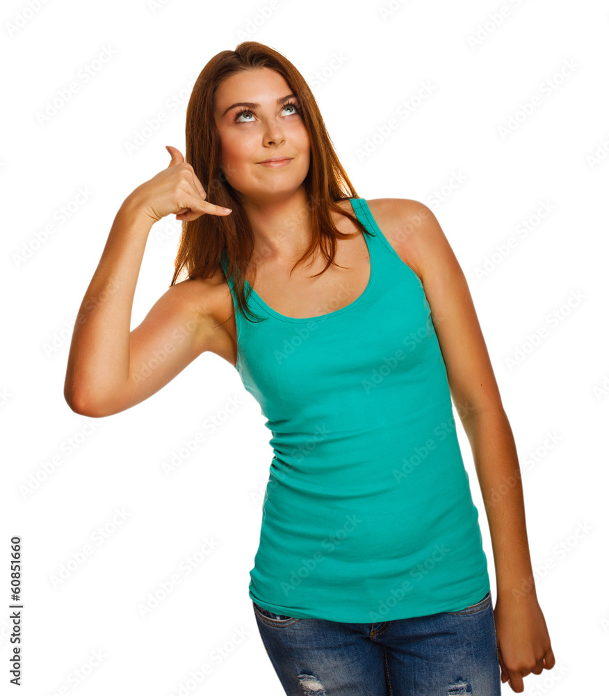 shows gesture girl woman phone call isolated on white background shows gesture girl woman phone call isolated on white background
