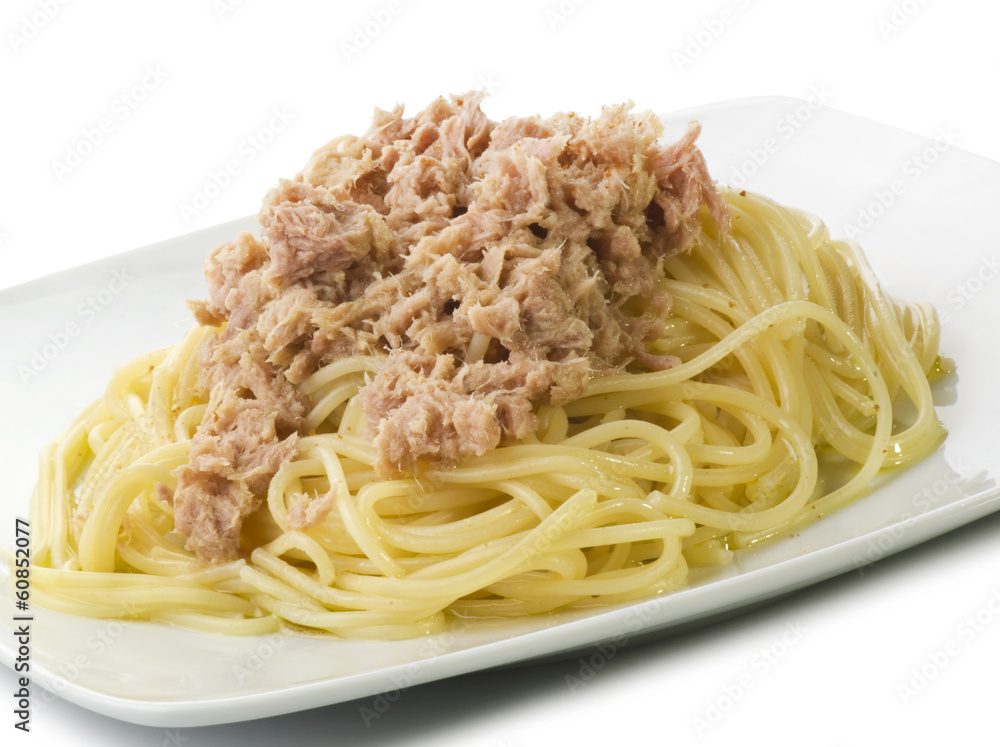 Tuna fish spaghetti close up on the white