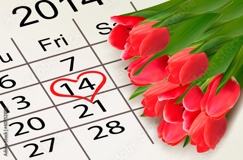 Valentine's Day Calendar. February 14 of Saint Valentines day. V