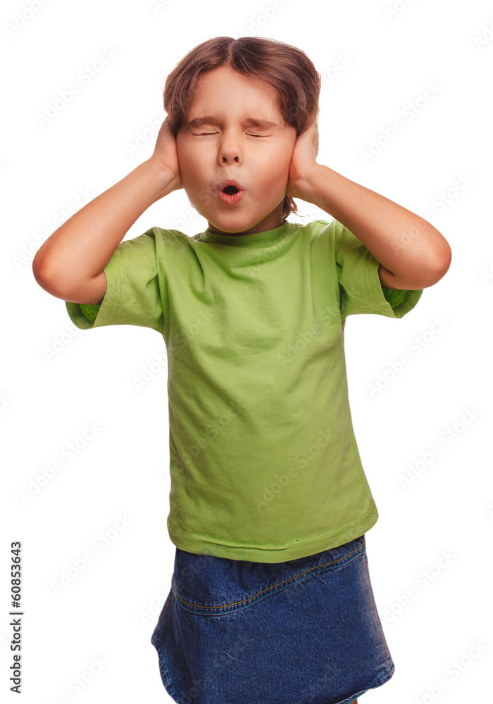 baby girl teenager young woman covering hands over her ears baby girl teenager young woman covering hands over her ears