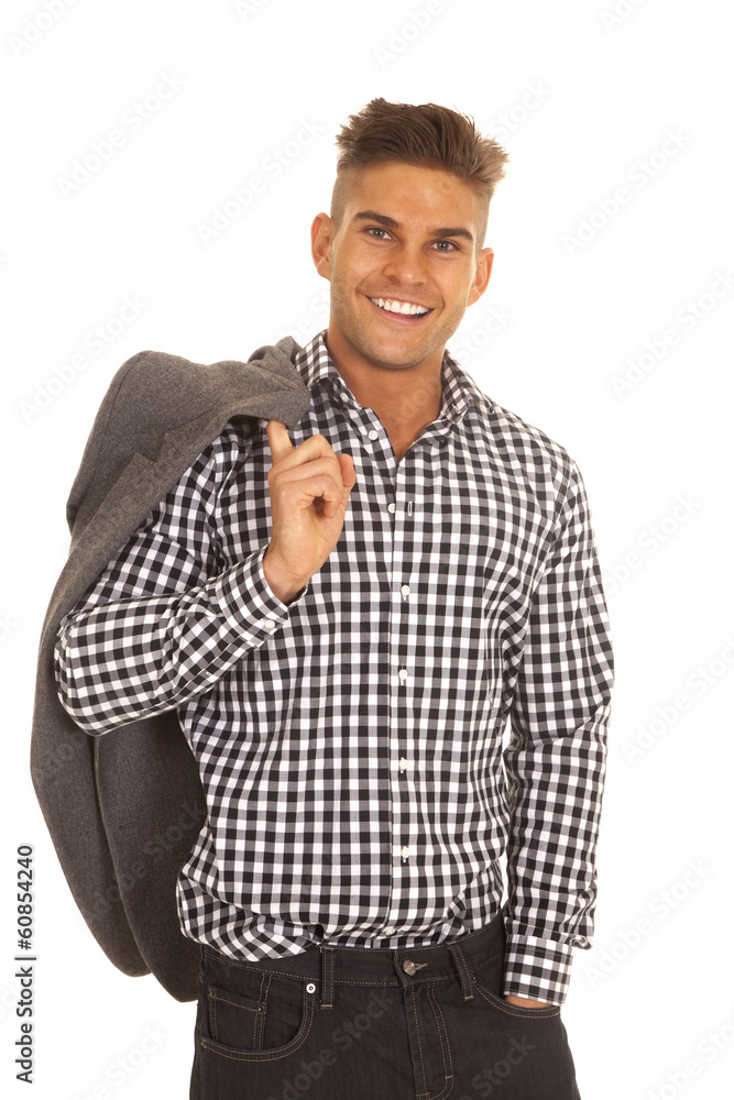 man in plaid shirt jacket over shoulder smiling man in plaid shirt jacket over shoulder smiling