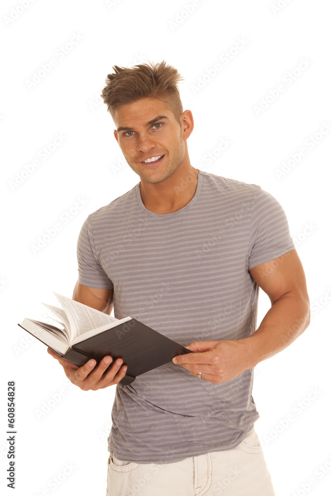 man striped gray shirt book smile