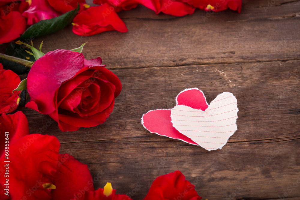 Two Heart shaped paper on wood with decoration of red rose - va Two Heart shaped paper on wood with decoration of red rose - va