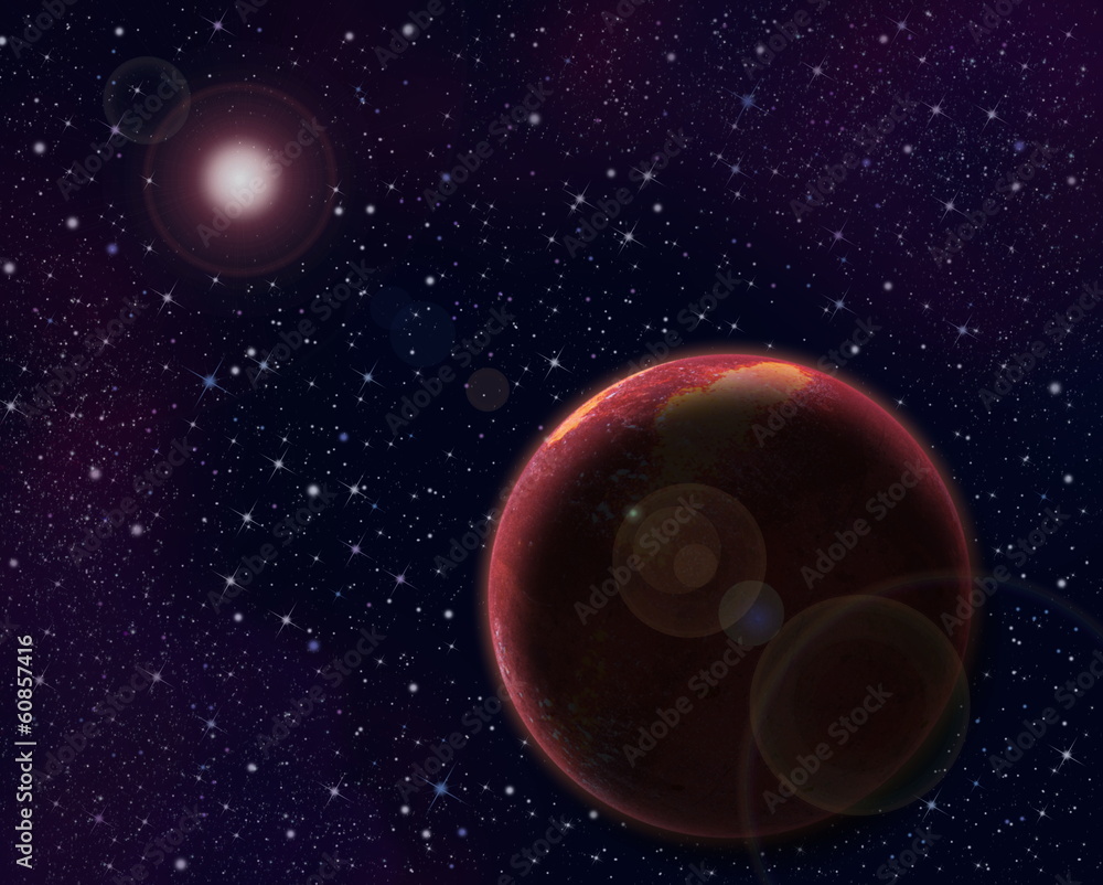 Red planet and sun with lens flare - obrazy, fototapety, plakaty 