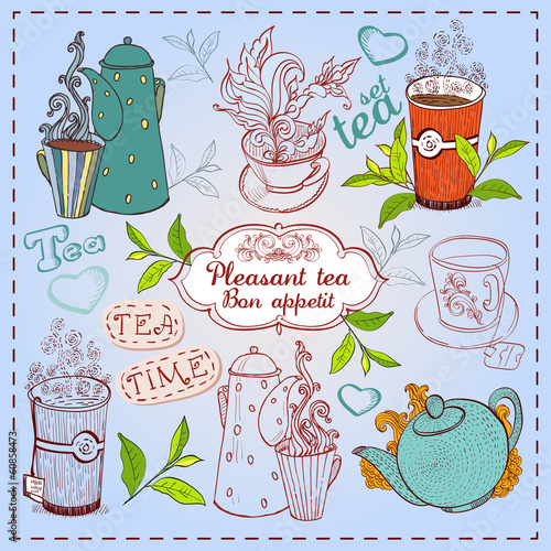Cute hand drawn teapots, cups and cupcakes.