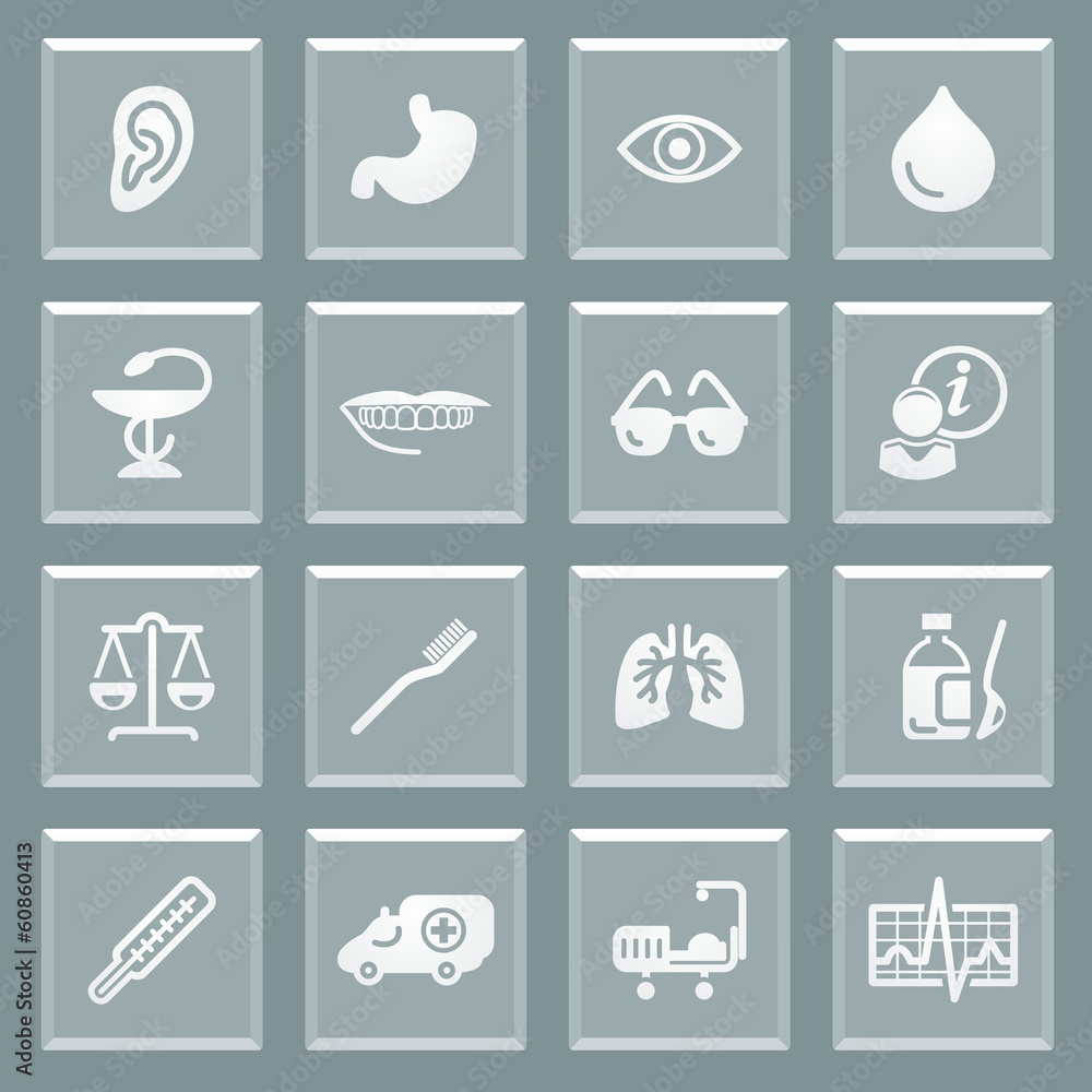 Medicine white icons on glass buttons. Medicine white icons on glass buttons.