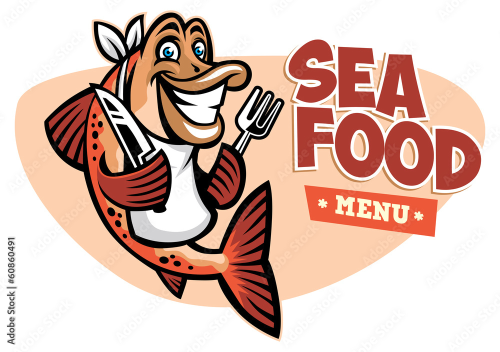 Obraz premium smiling fish seafood restaurant mascot