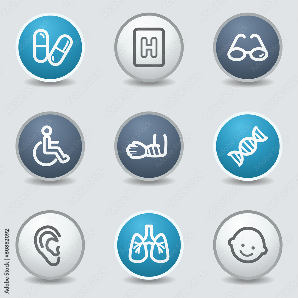 Medicine web icons, circle blue buttons