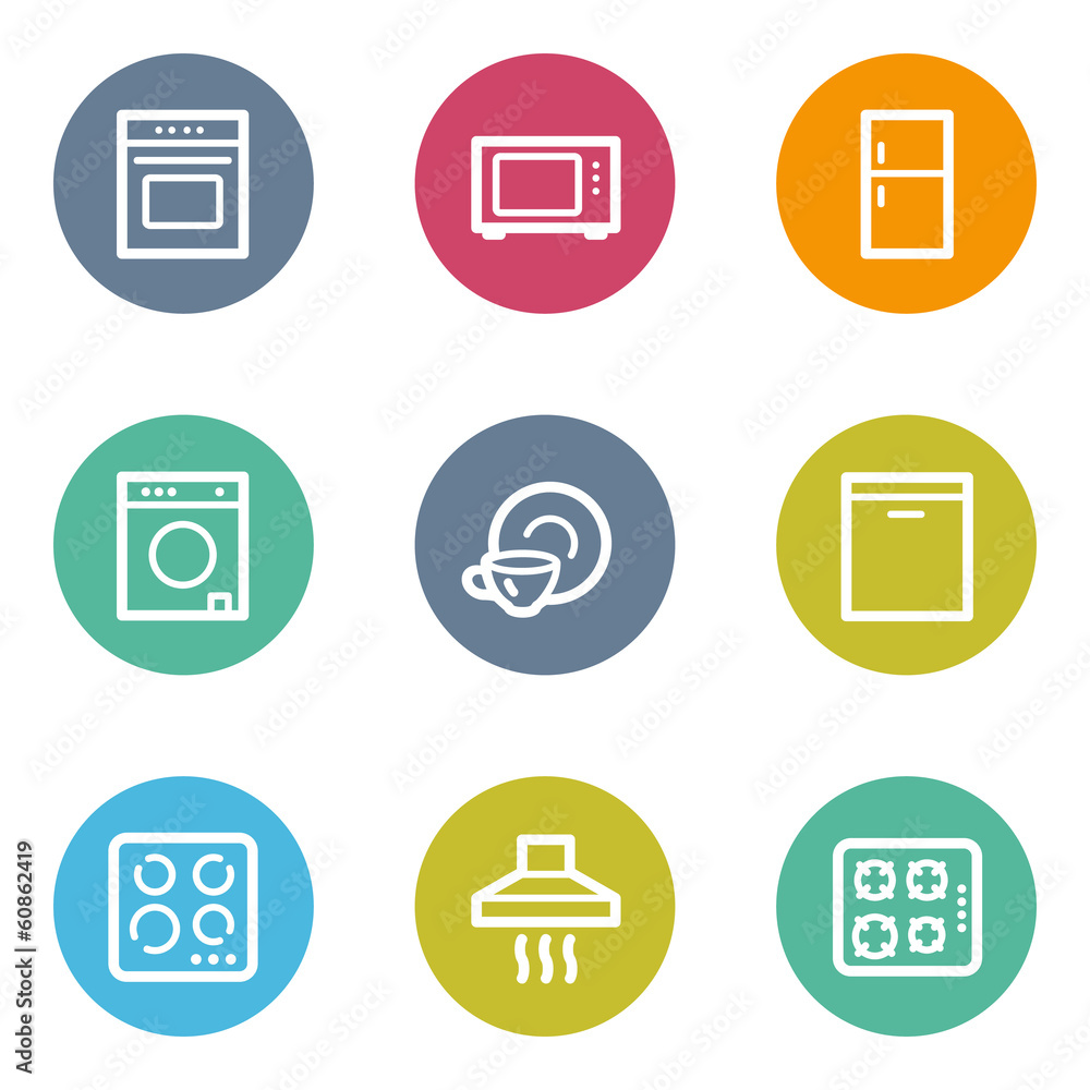 Home appliances web icons, color circle buttons