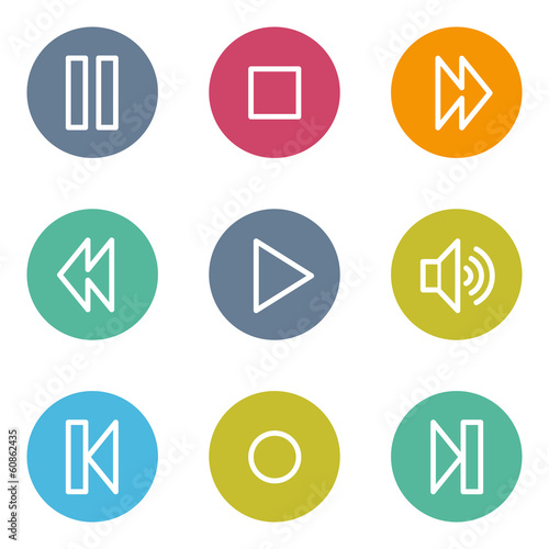 Media player web icons, color circle buttons