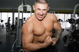 Bodybuilder training in the gym at full power