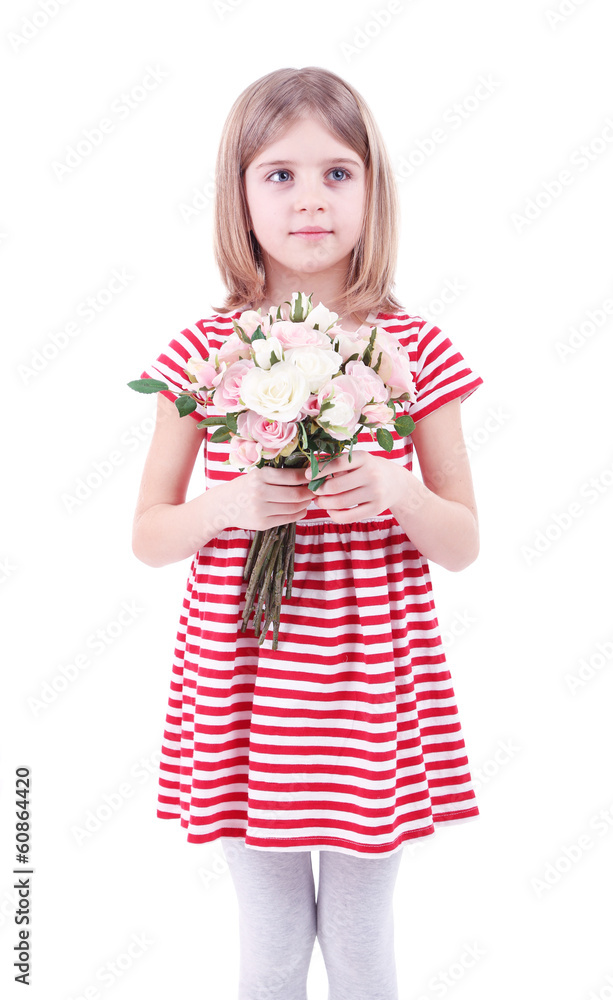 Beautiful little girl holding bouquet isolated on white Beautiful little girl holding bouquet isolated on white