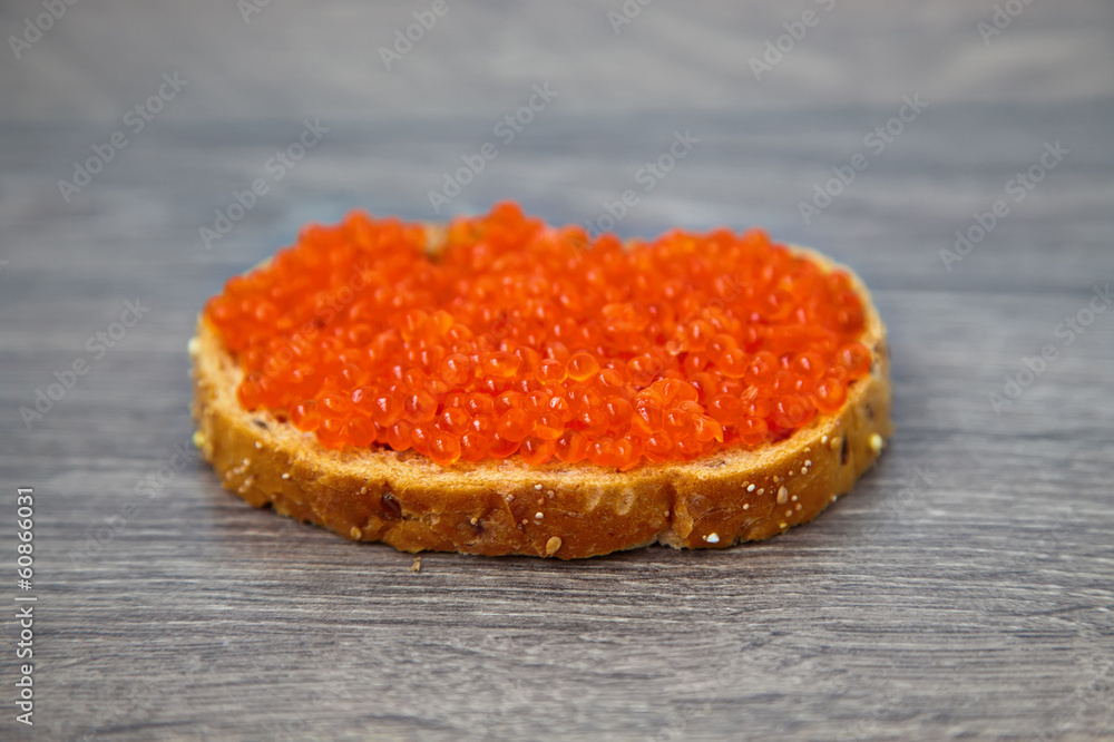 close-up red caviar sandwich close-up red caviar sandwich
