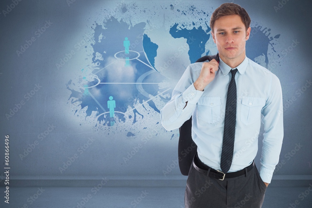 Composite image of serious businessman holding his jacket Composite image of serious businessman holding his jacket