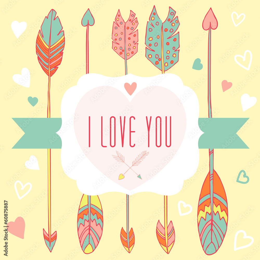 I love you - vector greeting card feathers, frame