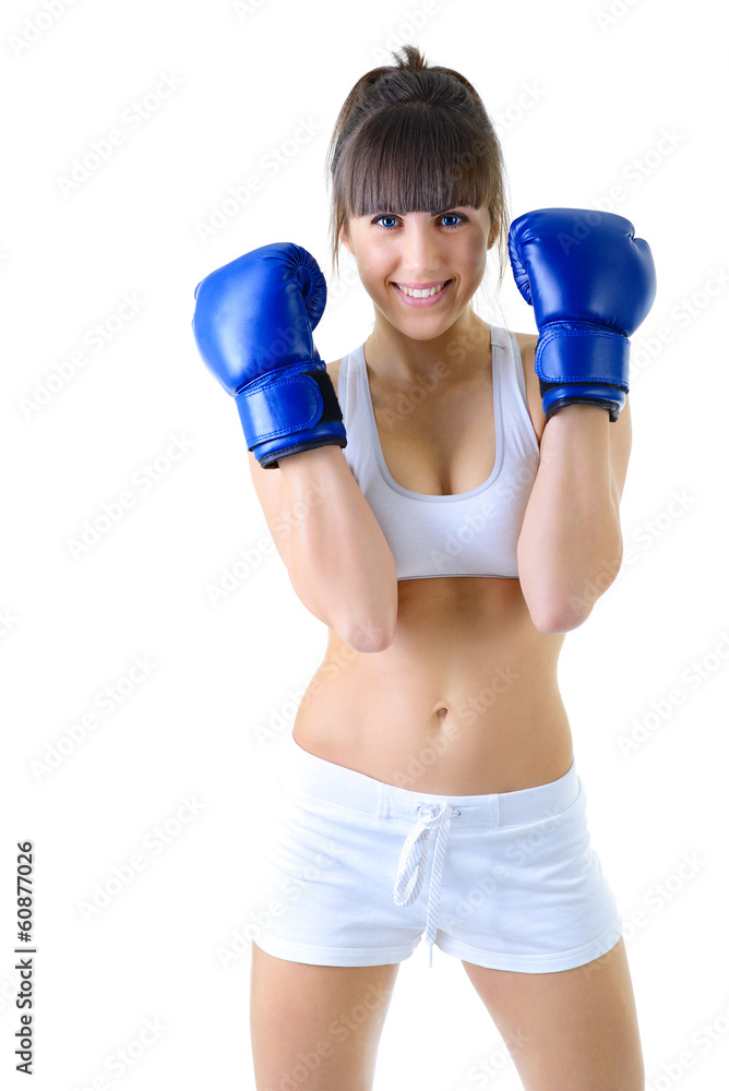 sport young woman in boxing gloves, happy fitness girl studio sh